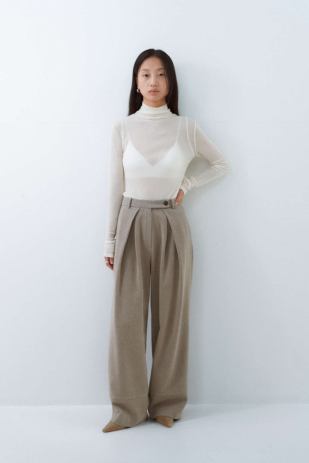 COTTON WIDE TUCK PANTS (BROWN)